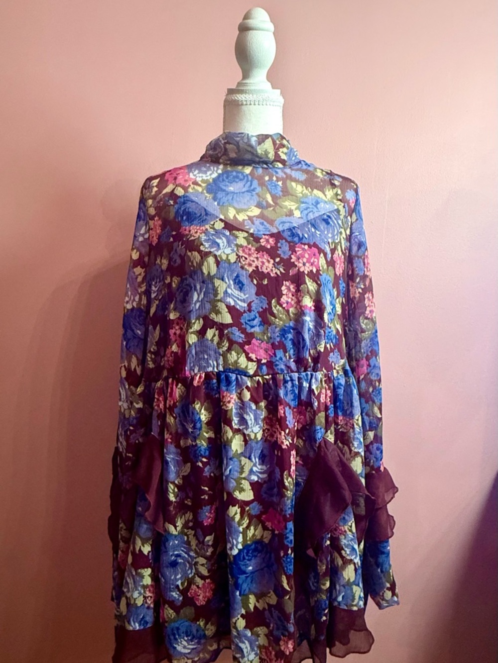 Free People Floral Tiered Chiffon Dress Tunic in Plum and Blue
